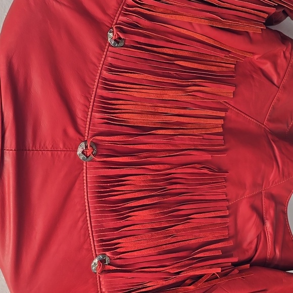 Womens Red Leather Jacket with Fringe - Picture 4 of 5